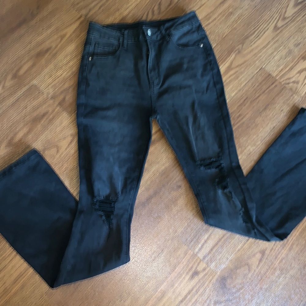 Black Distressed Flare leg Jeans size Large fits size 8/10